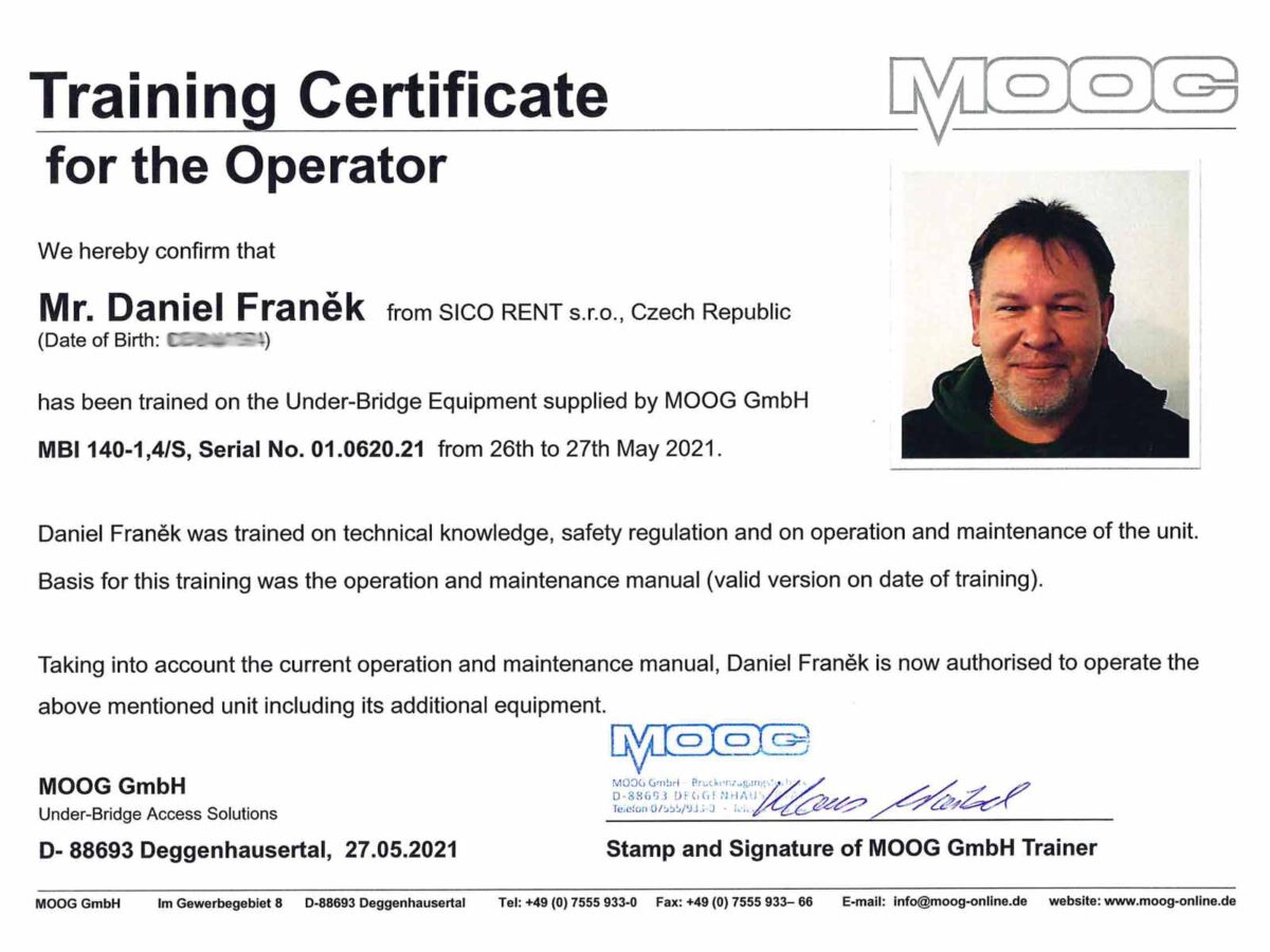 Certifikát MOOG MBI 140, Daniel Franěk