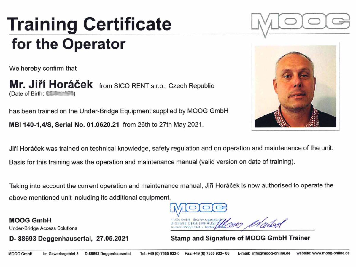 Certifikát MOOG MBI 140, Jiří Horáček