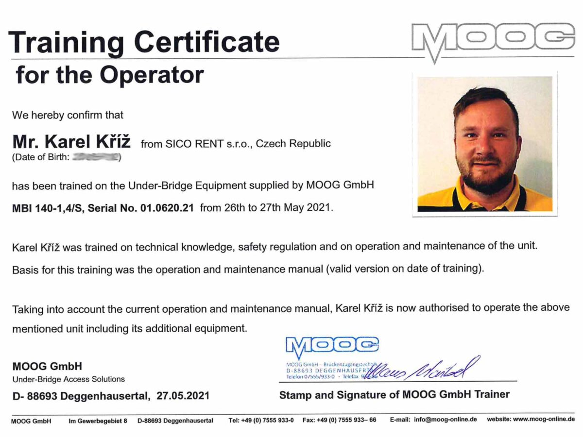 Certifikát MOOG MBI 140, Karel Kříž