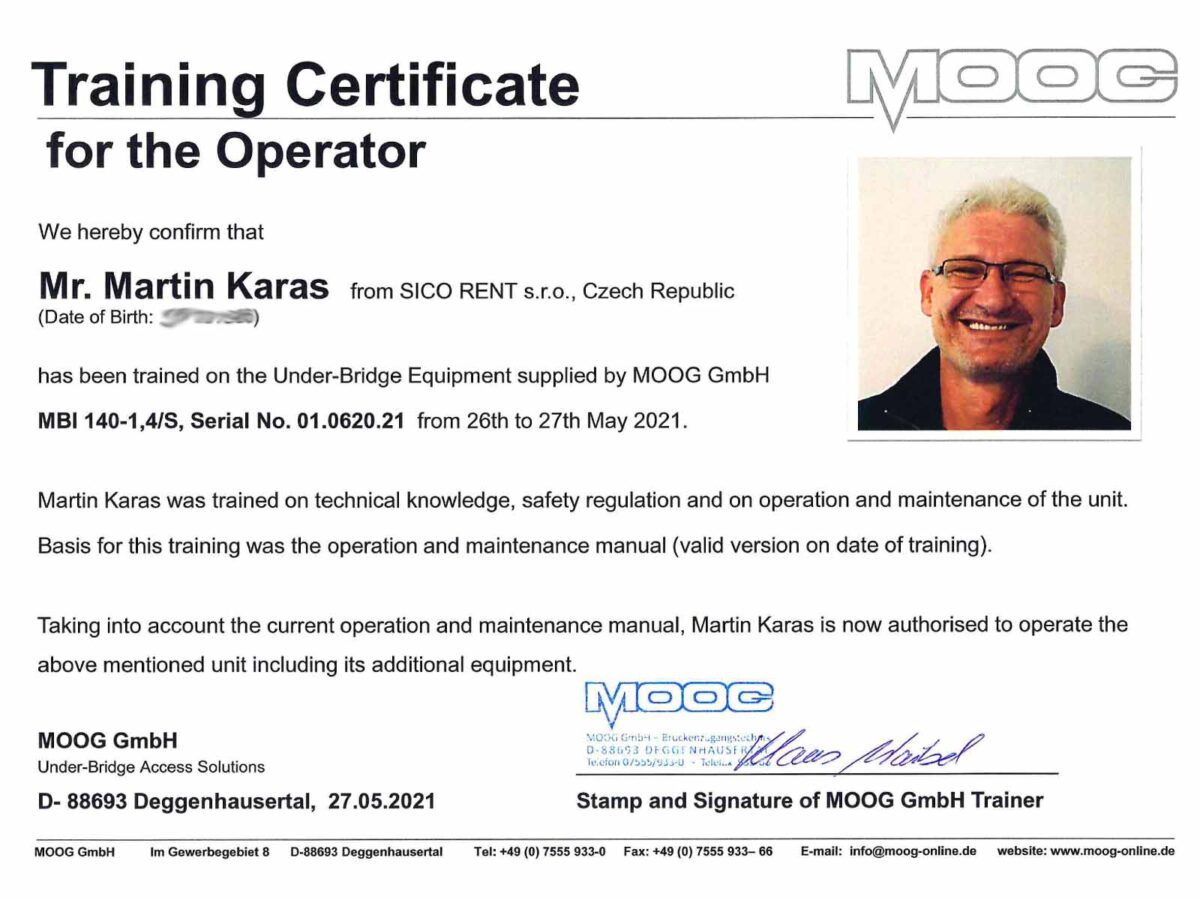 Certifikát MOOG MBI 140, Martin Karas