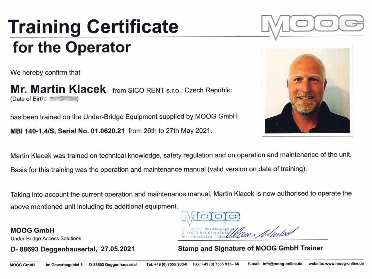 Certifikát MOOG MBI 140, Martin Klacek