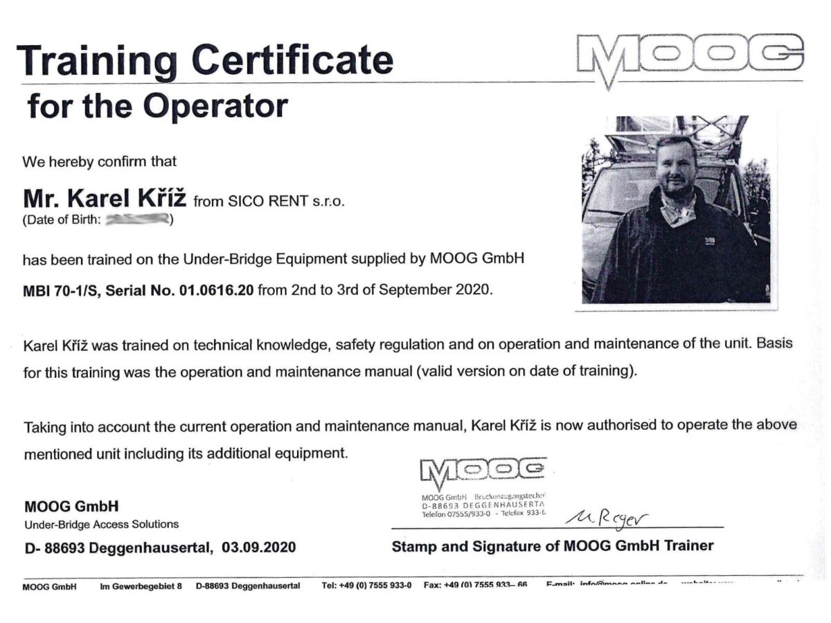 Certifikát k obsluze inspekční lávky MOOG MBI 70