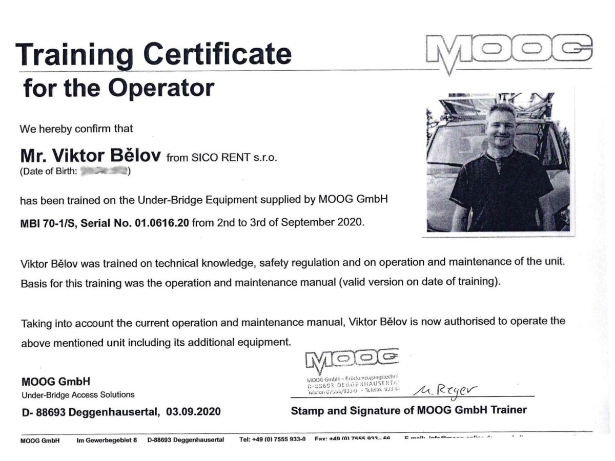 Certifikát k obsluze inspekční lávky MOOG MBI 70